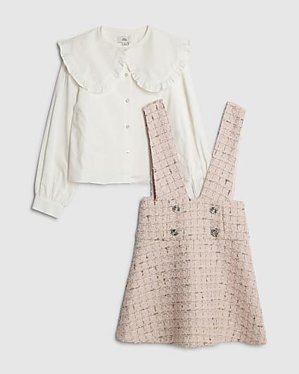 Girls Pink Boucle Pinafore Shirt Dress Set
