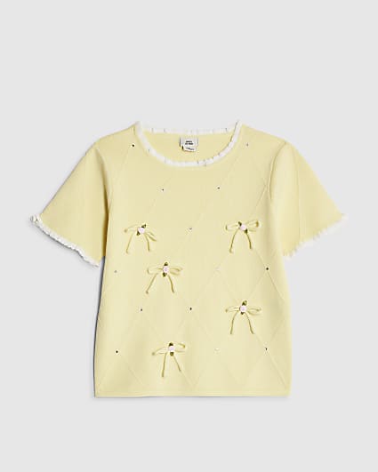 Girls Yellow Rose Bow Diamante Knit Top