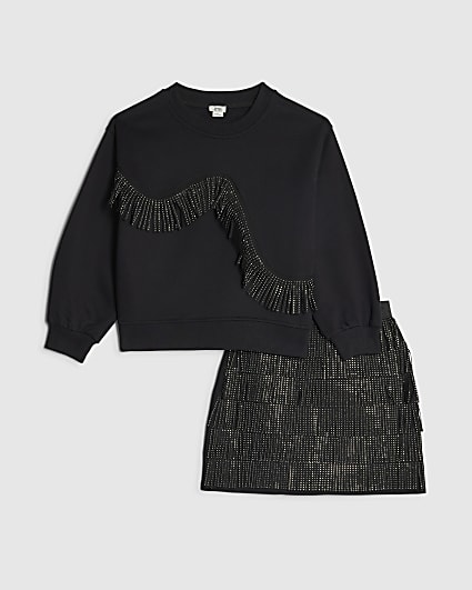 Girls Black Fringed Sweatshirt And Skirt Set