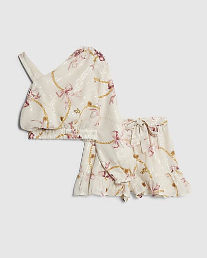 Girls Cream Sequin Chain Print Top Set