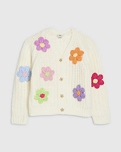 Girls Cream Knitted Flower Cardigan