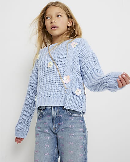 Girls Blue Knitted Flower Jumper With Bag