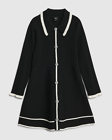 Girls Black Tipped Button Dress