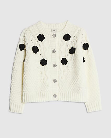 Girls Cream Embellished Flower Cardigan