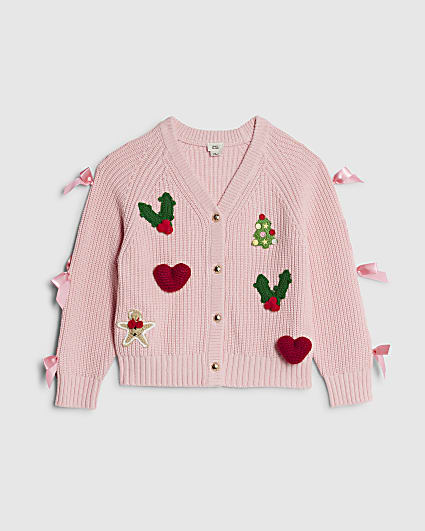 Girls Pink Embroidered Bow Christmas Cardigan