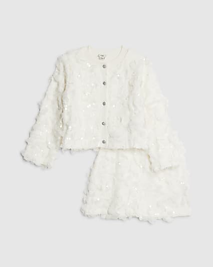 Girls White 3D Floral Skirt Set