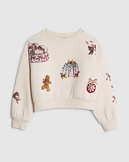Girls Pink Embellished Christmas Sweatshirt