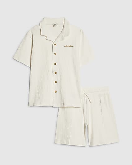 Boys White Textured Shirt Set