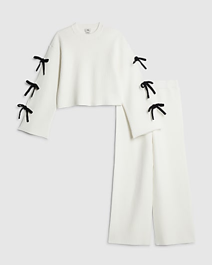 Girls Cream Cut out Bow Jumper Set