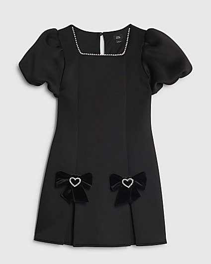Girls Black Bow Hem Puff Sleeve Dress