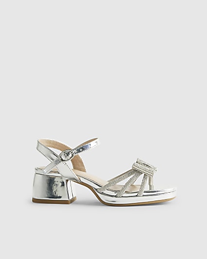 Girls Silver Diamante Bow Heeled Sandals