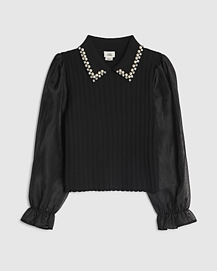 Girls Black Embellished Collar Hybrid Top