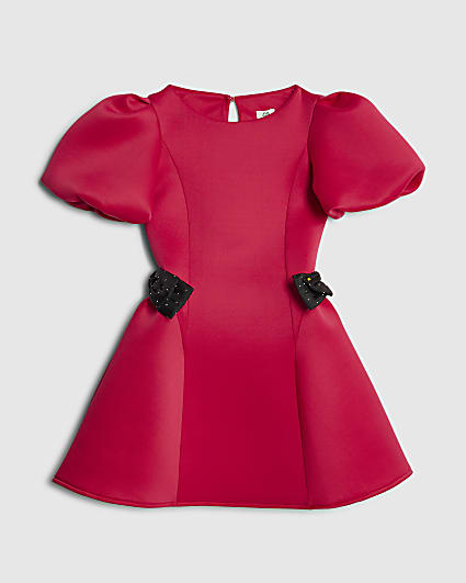 Girls Pink Puff Sleeve Bow Scuba Dress