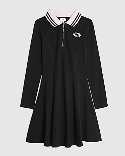 Girls Black Ribbed Zipped Polo Dress