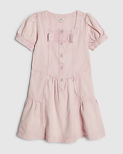 Girls Pink Square Neck Twill Bow Dress