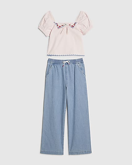 Girls Pink Collared Top And Jeans Set