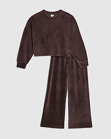 Girls Brown Cosy Ribbed Sweatshirt Set