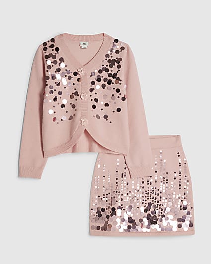 Girls Pink Sequin Cardigan And Skirt Set