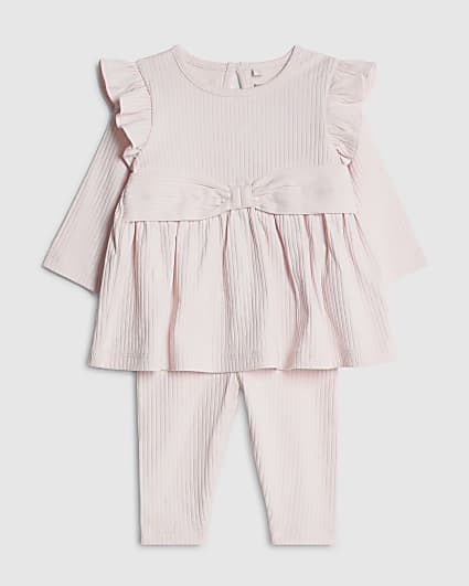 Baby Girls Cream Ribbed Bow Top Set