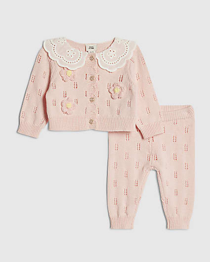 Baby Girls Pink Broderie Daisy Knit Top Set