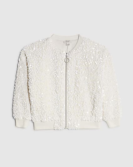 Mini Girls White Sequin Bomber Jacket