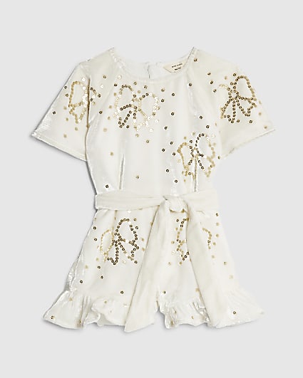 Mini Girls Cream Velvet Sequin Bow Playsuit