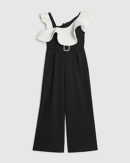 Girls Black Asymmetric Frill Jumpsuit