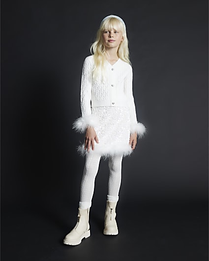 Girls White Sequin Feather Skirt Set