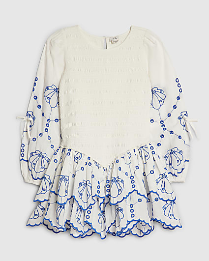 Girls White Shirred Long Sleeve Dress