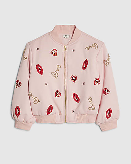 Girls Pink Embellished Lips Bomber Jacket