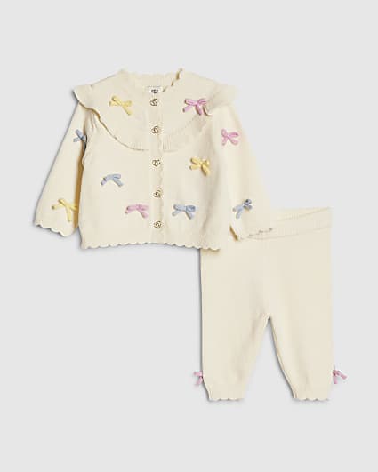 Baby Girls Cream Bow 3D Cardigan Knit Set