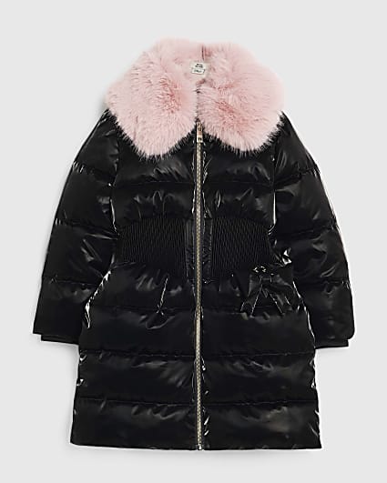 Girls Black Waisted Padded Jacket
