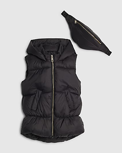 Girls Black Gillet With Crossbody Bag Set