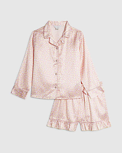 Girls Pink Leopard Satin Pyjamas Set