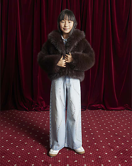 Girls Brown Short Faux Fur Coat