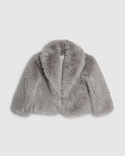 Girls Grey Short Faux Fur Coat