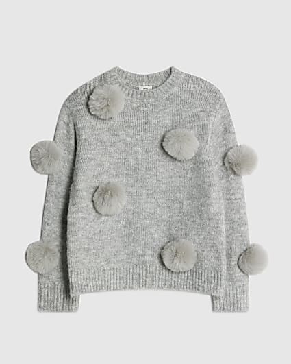Girls Grey Pom Pom Jumper