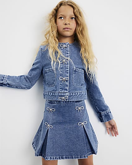 Girls Blue Denim Diamante Bow Skirt Set