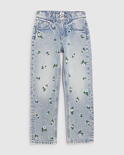 Girls Blue Floral Embroidered Straight Jeans