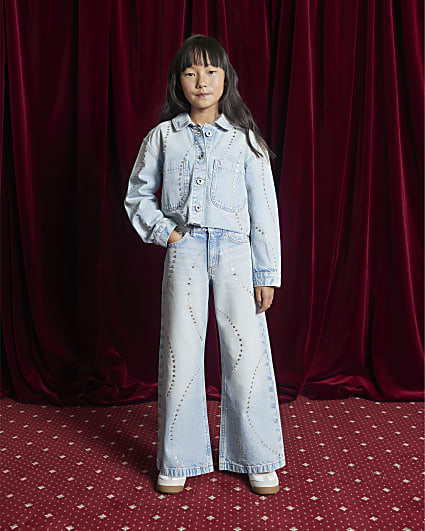Girls Blue Diamante Wide Leg Jeans