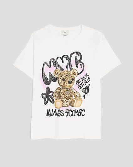 Girls White NYC Graffiti Bear T-Shirt