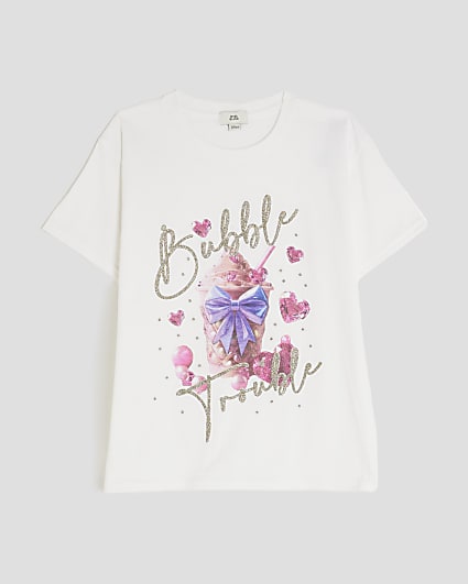Girls White Bow Bubble T-Shirt