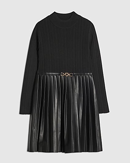 Girls Black Faux Leather Pleated Dress