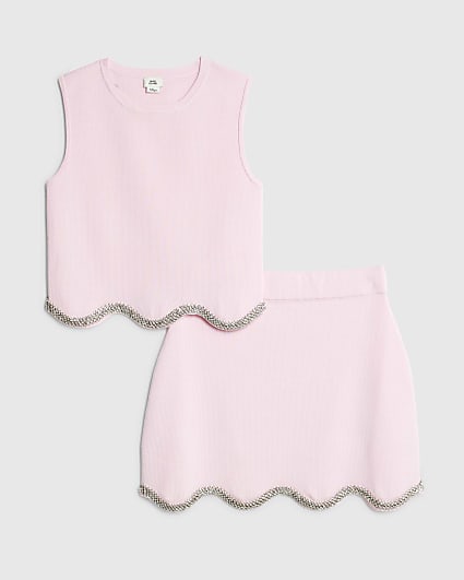 Girls Pink Scallop Trim Skirt Set