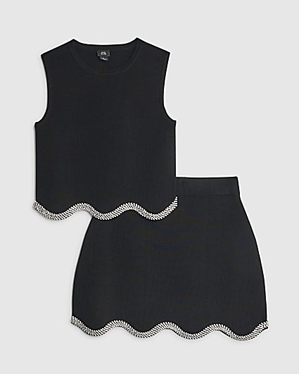 Girls Black Scallop Trim Skirt Set
