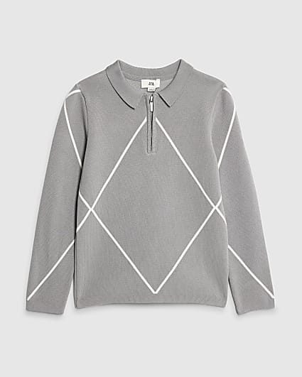 Boys Grey Diamond Polo Zip Jumper