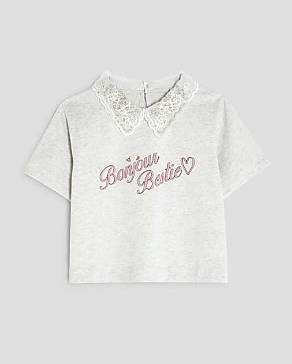 Girls Grey Embellished Collar T-Shirt