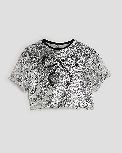 Girls Silver Sequin Bow Cropped Top