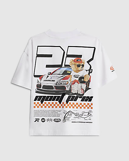 Boys White Motocross Bear Car T-Shirt
