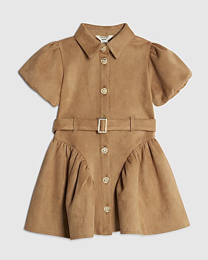 Mini Girls Brown Faux Suede Skater Dress
